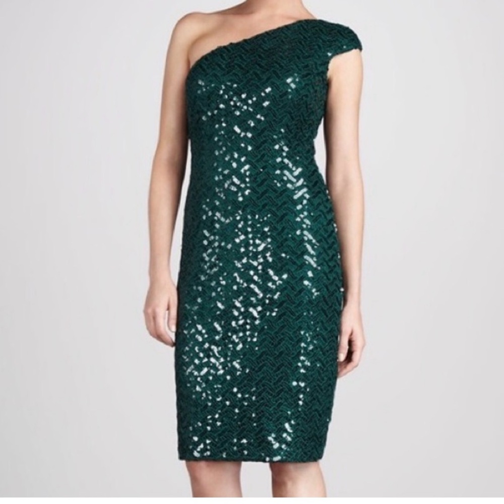 David Meister Sequin One Shoulder Emerald Green Cocktail Dress